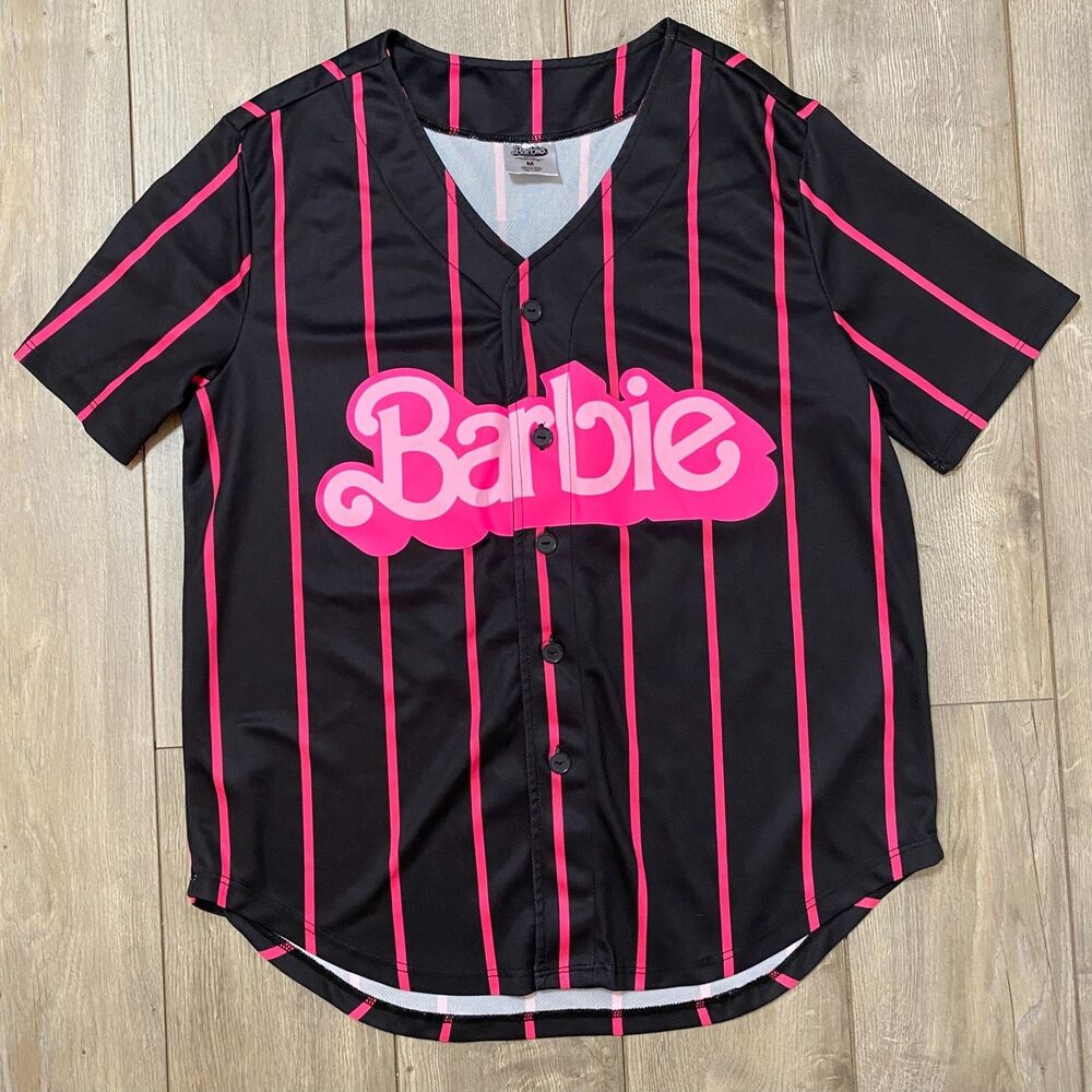 Barbie Movie Baseball Jersey Shirt Women's M – Warner Bros Pink Logo Button Up
